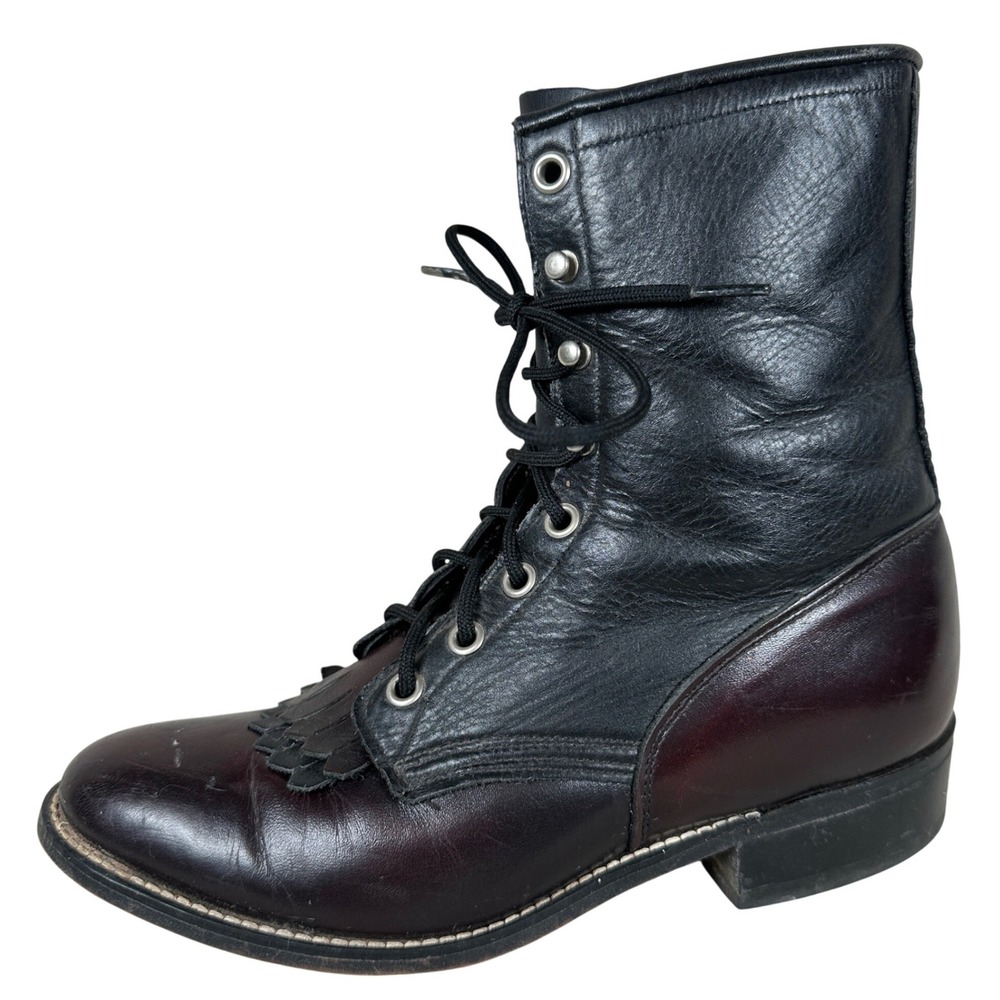 Laredo Womens 7.5 M Black Burgundy Leather‎ Kiltie Lace Up Western Boots 41140